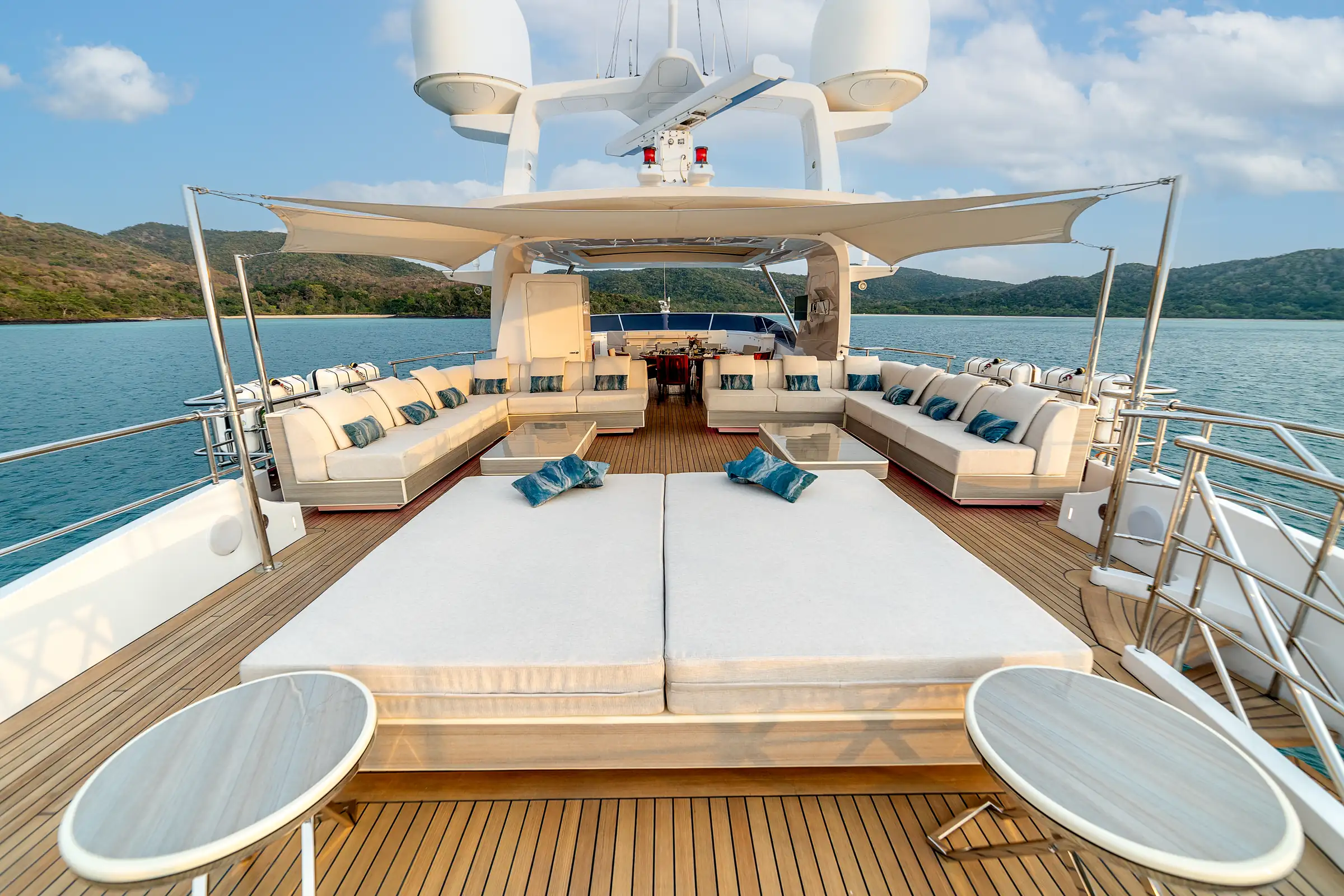 The sun deck made ready for guests, the islands beyond