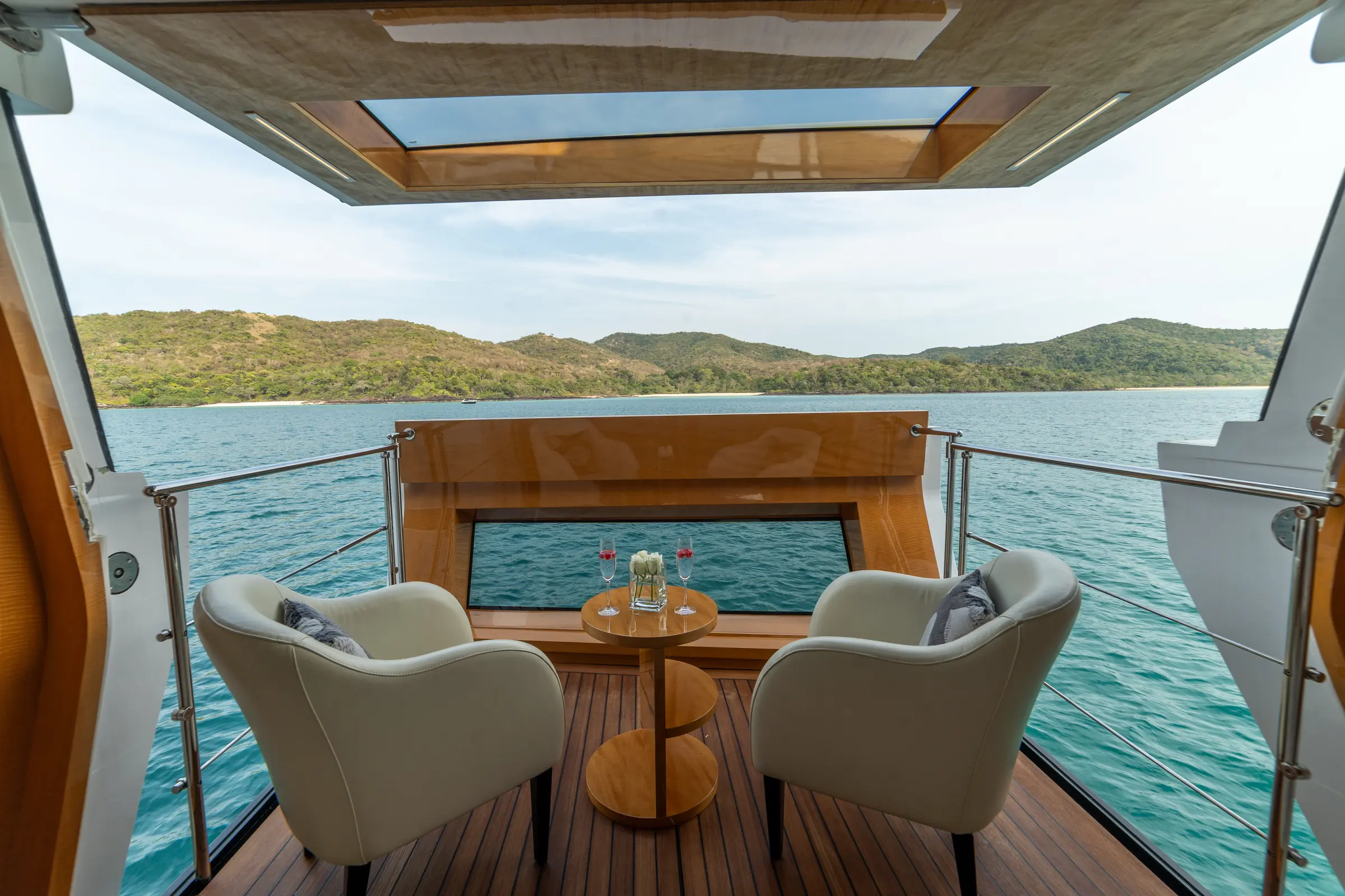 The master suite’s hydraulic balcony, opened to the sea