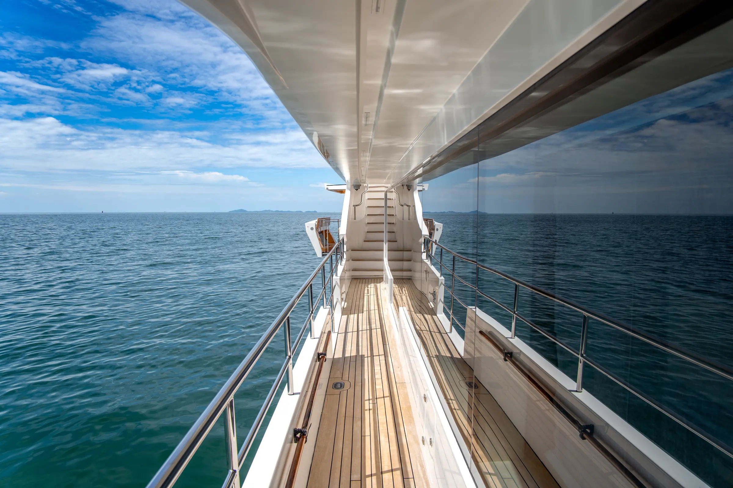 The teak side deck, looking forward