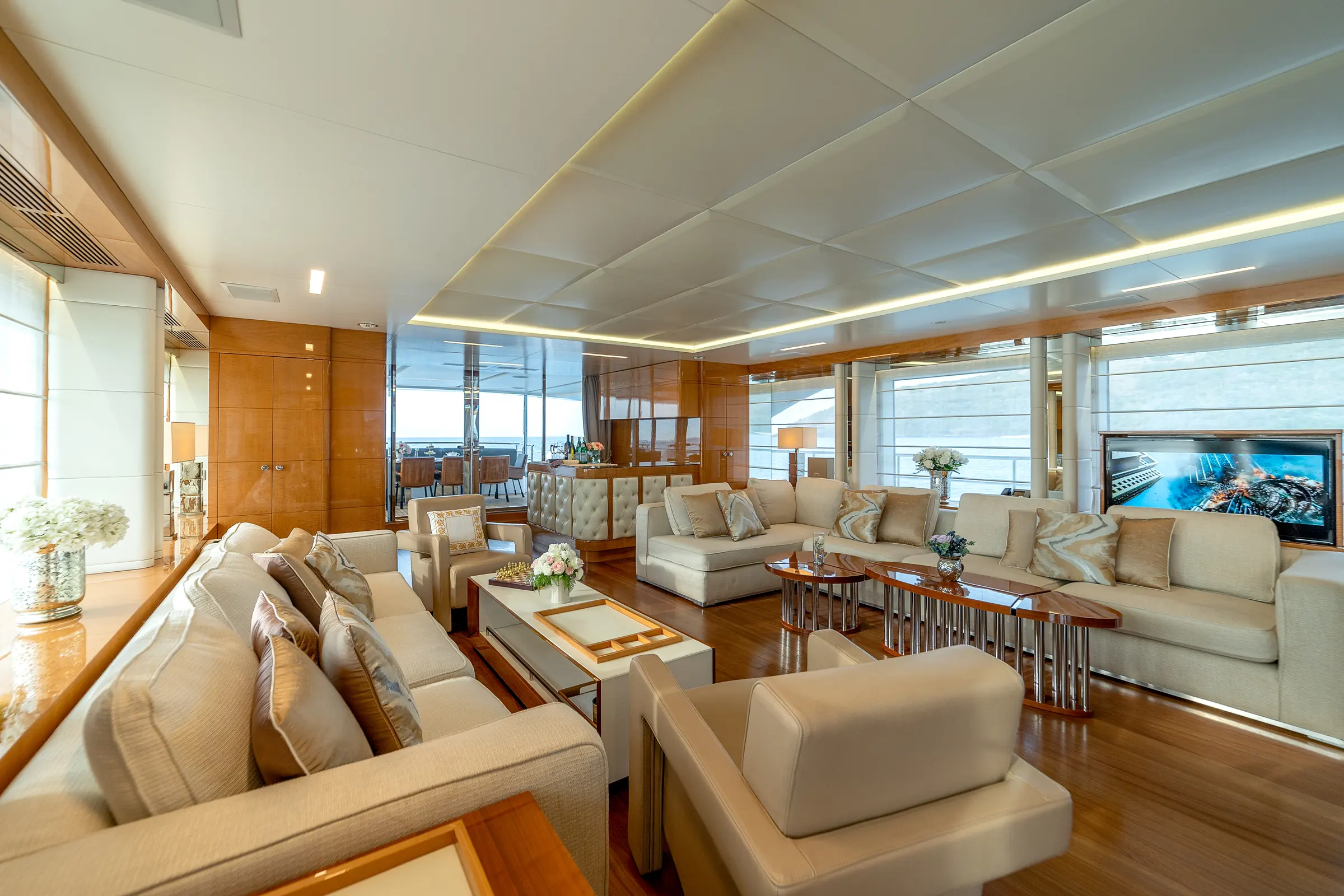 The main salon, with sofas and full-height windows