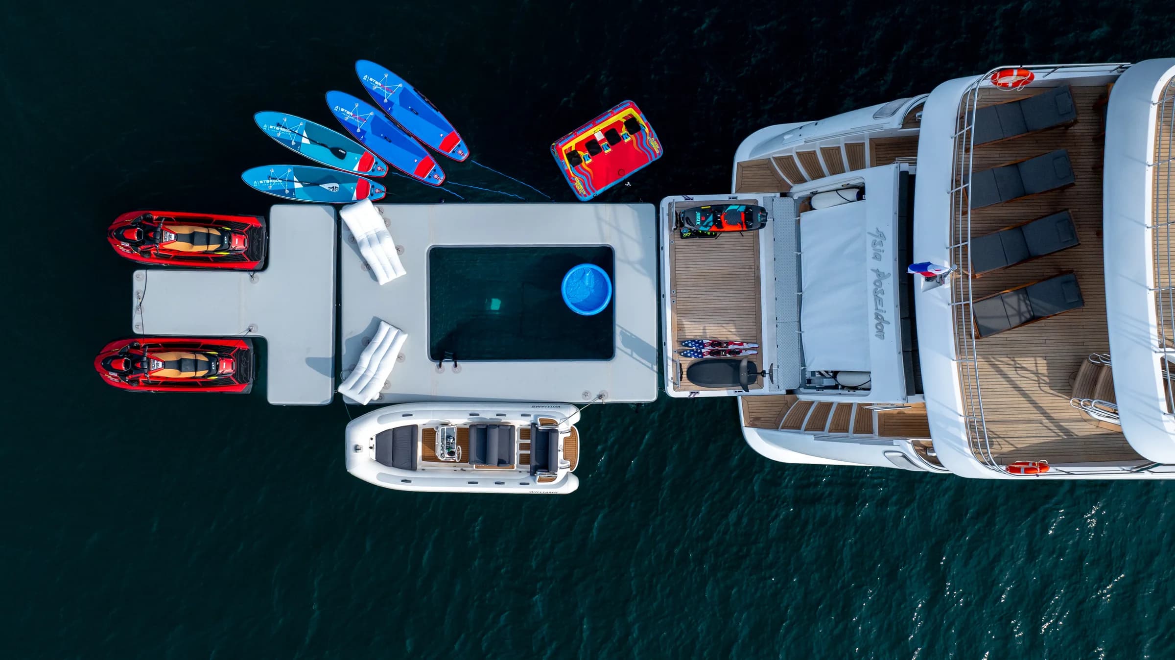 The water toy fleet laid out around the swim platform, from above