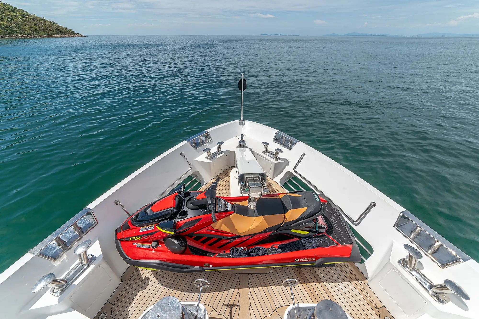 A jet ski stowed at the bow