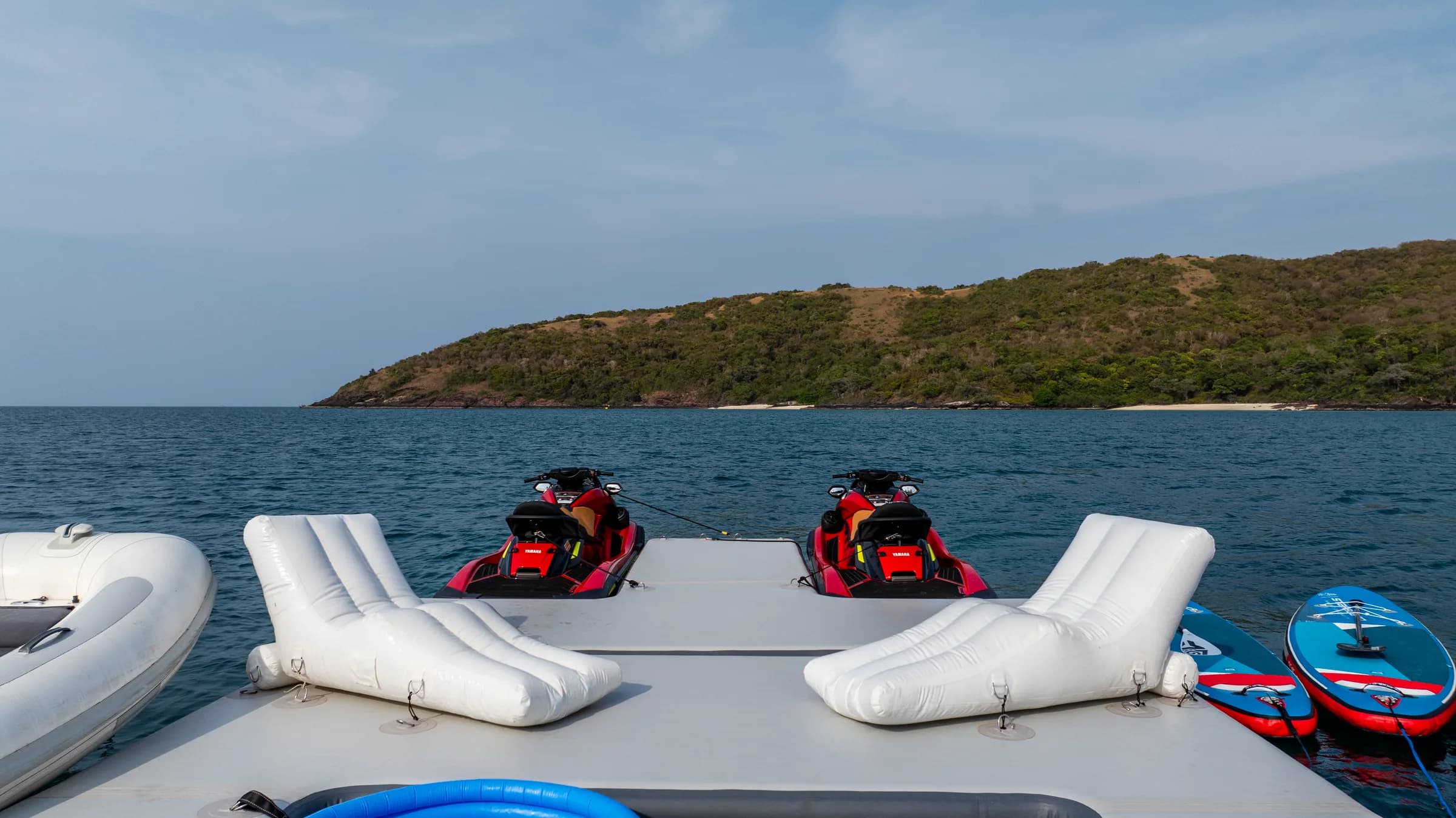 The jet skis, ready on the swim platform